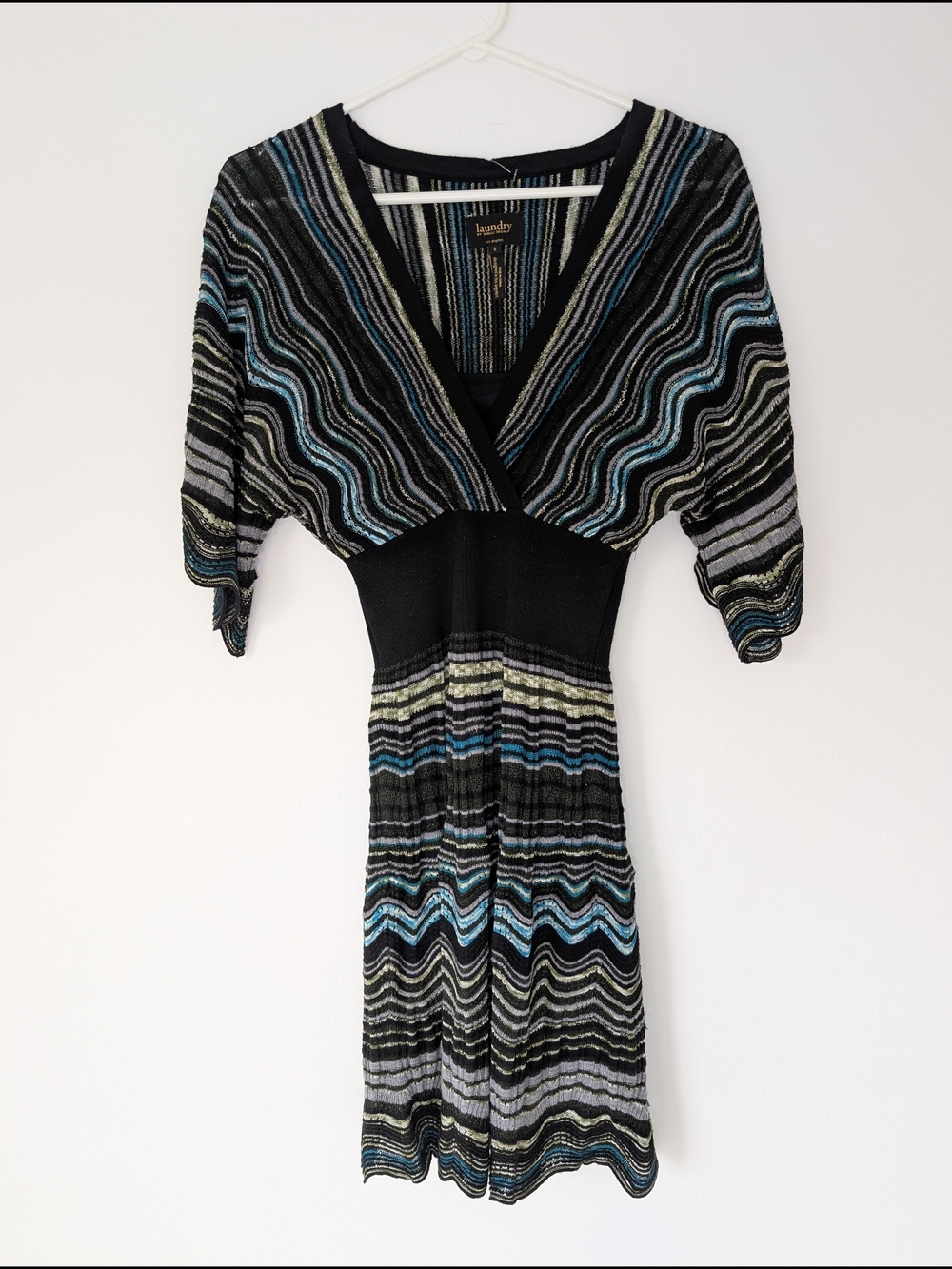 VTG Laundry By Shelli Segal - Y2K Wool Blend Metallic Chevron Knit Dress - Sz S
